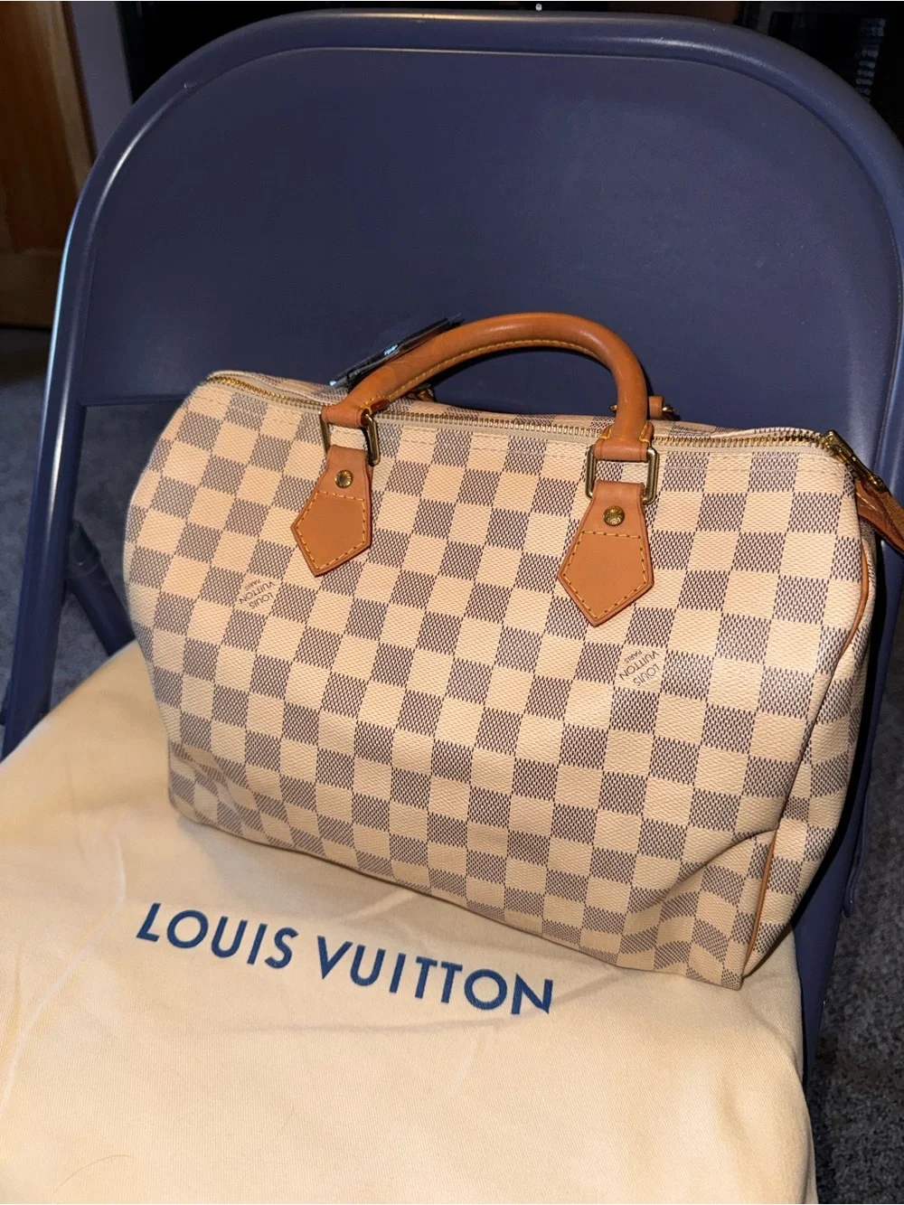 Louis Vuitton Damier Azur Speedy 30 Satchel in Cream and Tan with Gold Hardware